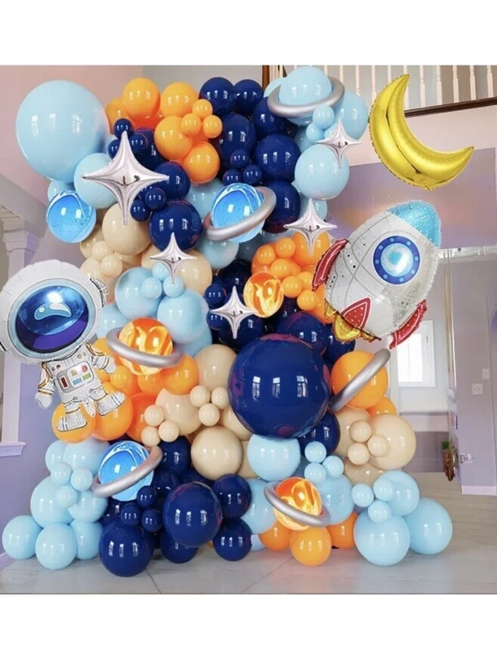 125Pcs Space Themed Balloon Arch Kit With Tassels, Galaxy, Astronaut & Rocket
